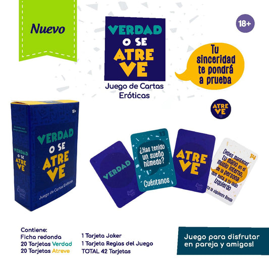 Desglose del juego Verdad o Se Atreve mostrando ejemplos de las cartas de reto y la ficha de decisión.