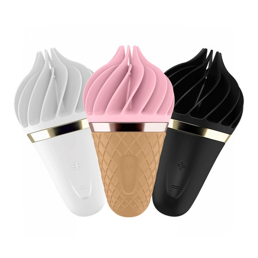 Tres variaciones de color del estimulador rotatorio Satisfyer Dulce Tentación en blanco, rosa y negro.