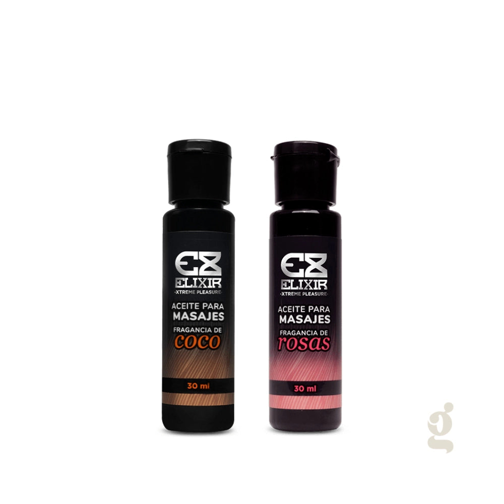 Set de aceites para masaje corporal Elixir en fragancias de coco y rosas de 30ml.