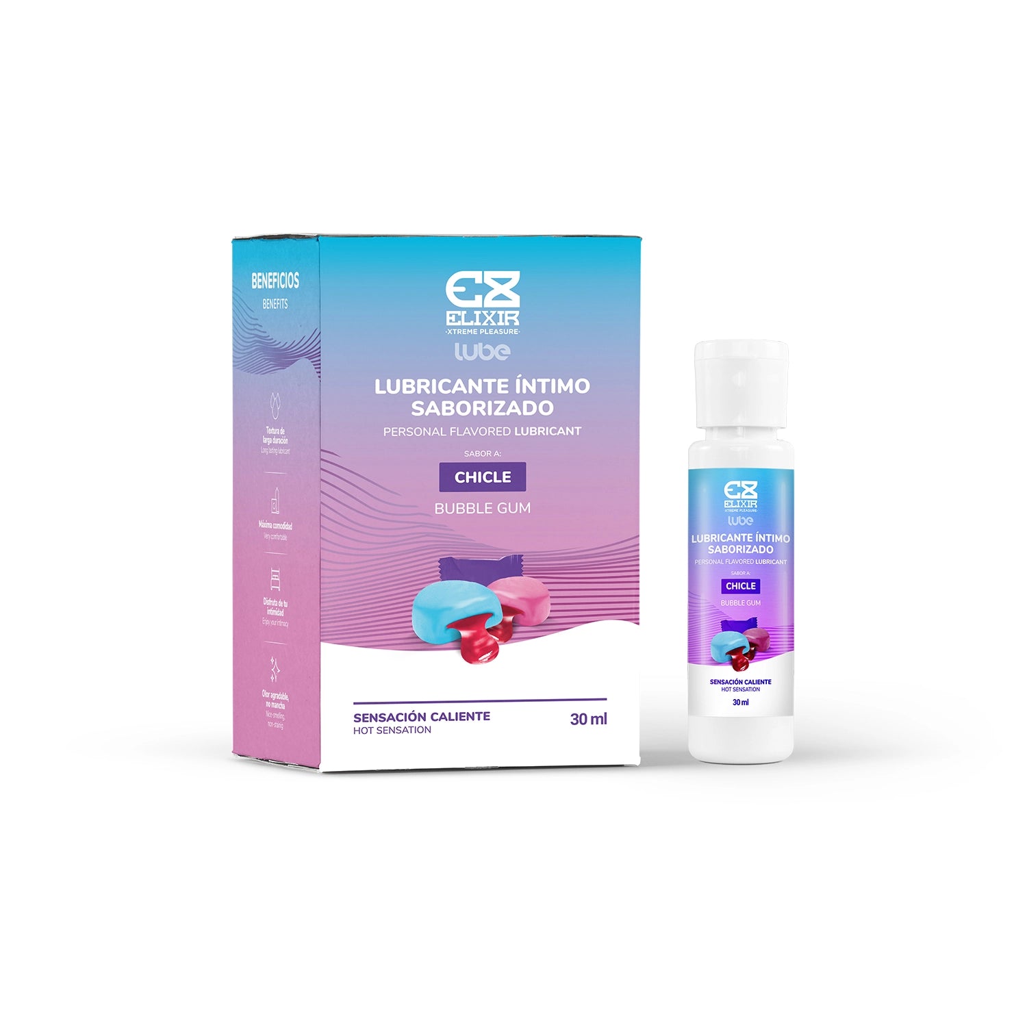 Empaque oficial y frasco del lubricante térmico sabor chicle de Elixir.
