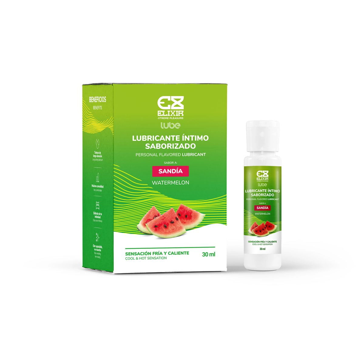 Presentación en caja del lubricante íntimo saborizado a sandía de la marca Elixir.