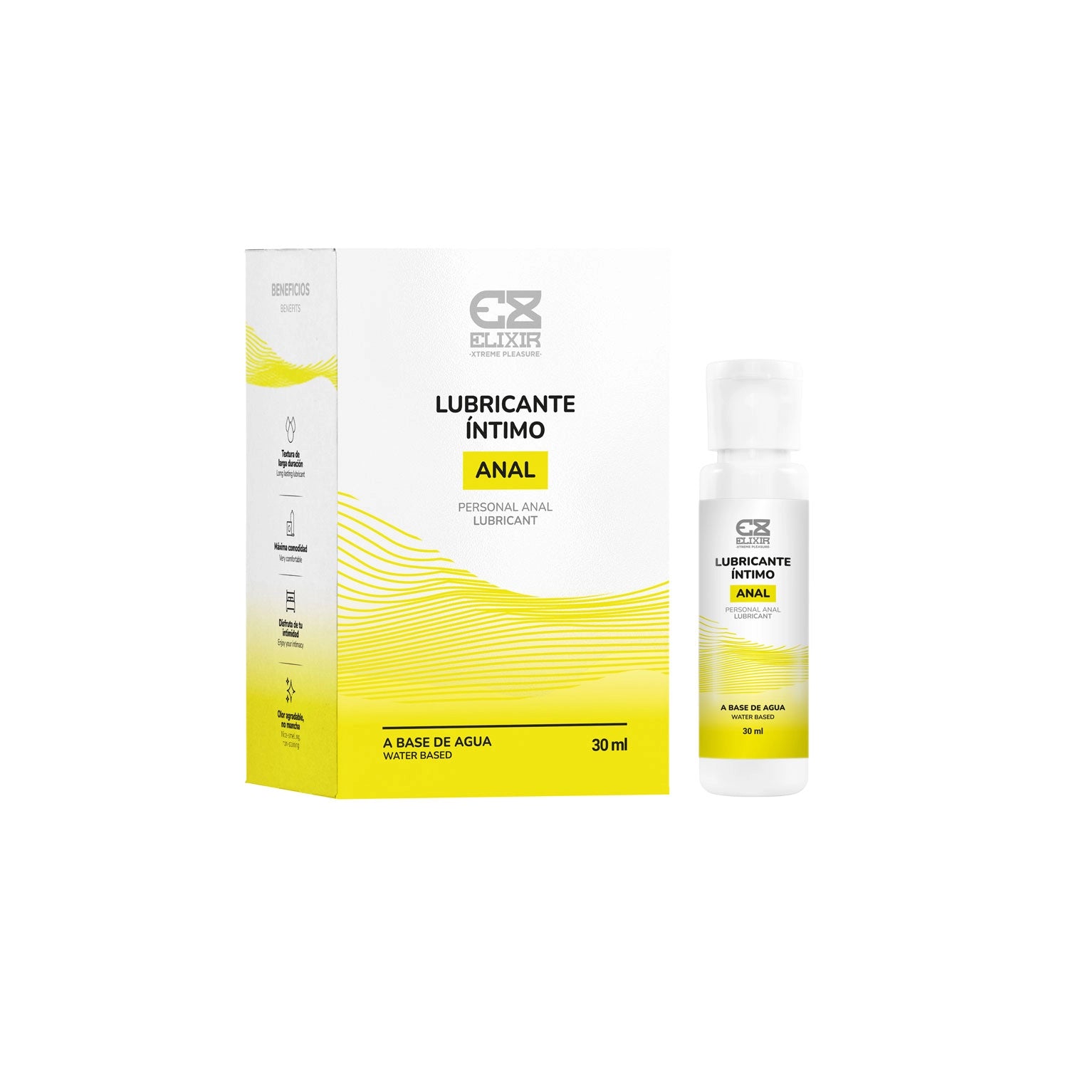Presentación oficial en caja y frasco dosificador de 30ml del lubricante de alta densidad Elixir.