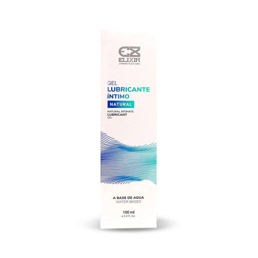 Vista frontal del empaque en caja del lubricante íntimo natural a base de agua Elixir.