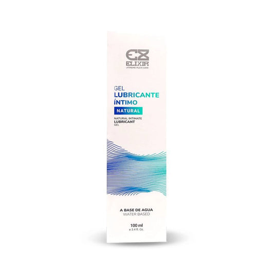 Vista frontal del empaque en caja del lubricante íntimo natural a base de agua Elixir.