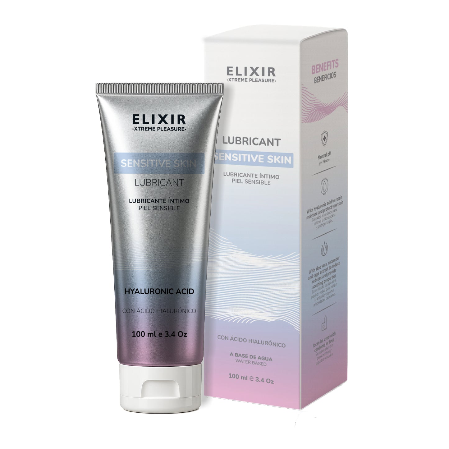 Presentación oficial en caja y tubo del lubricante íntimo piel sensible de Elixir.