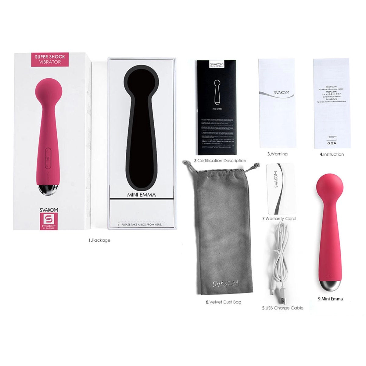 Unboxing del kit Mini Emma: incluye dispositivo, cable de carga y bolsa de transporte.