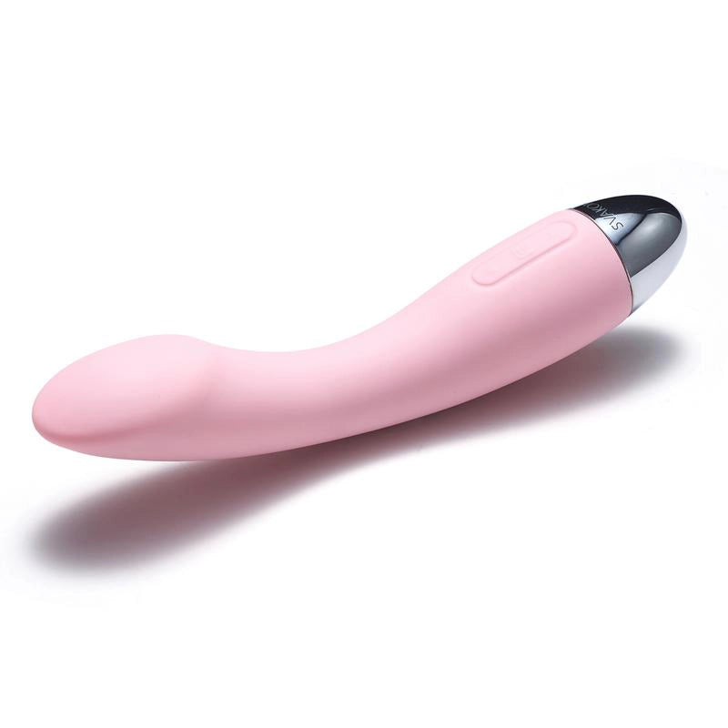 Perfil ergonómico arqueado del estimulador interno Amy Svakom rosado.