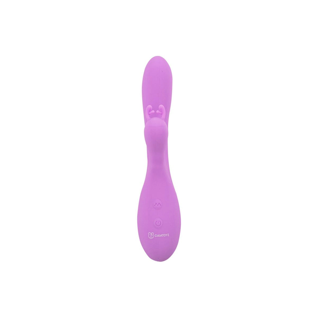 Vista frontal de la pieza de doble estimulación Leyla Majestic en silicona lila.