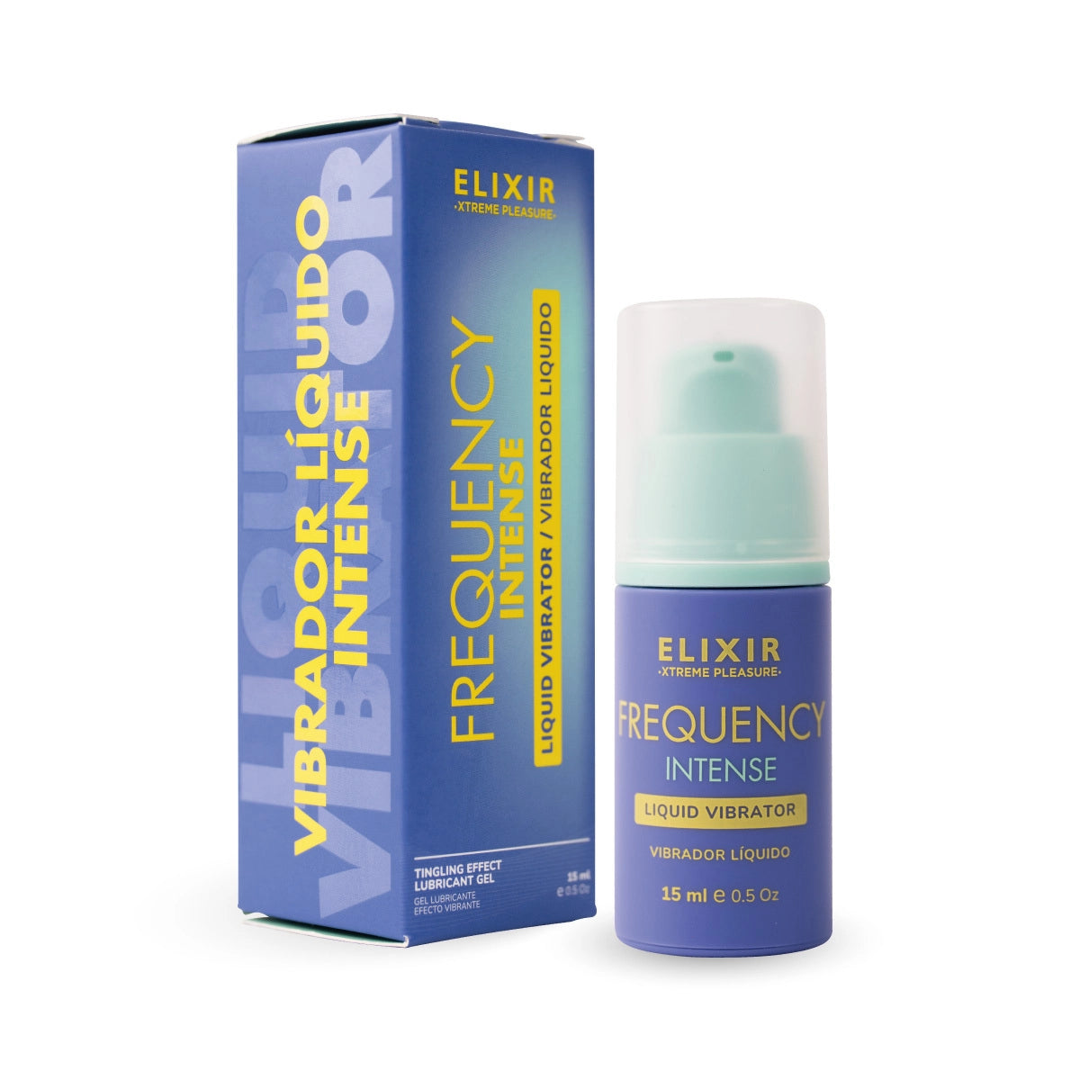 Presentación premium y frasco del elixir estimulante Frequency Intense.