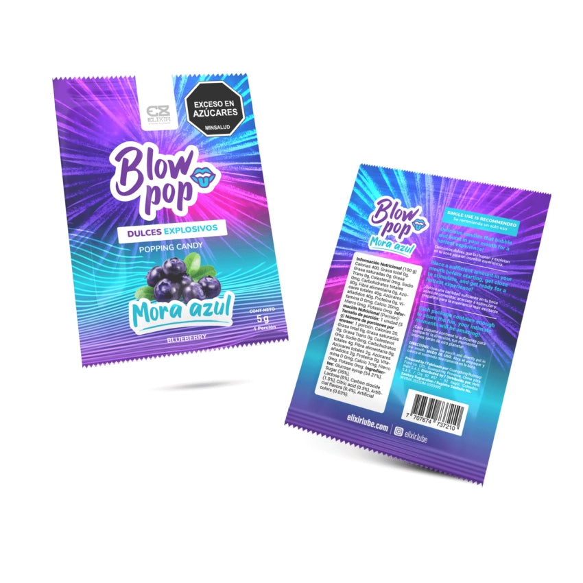 Envase del Elixir Oral Blow Pop variante Mora Azul con detalles e ilustración frutal.