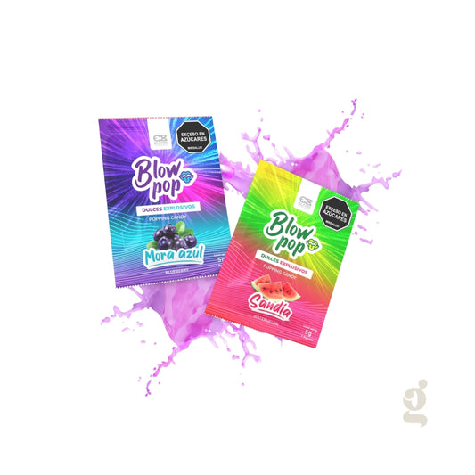 Ambas variantes del elixir oral Blow Pop (Sandía y Mora Azul) para catálogo Gimo.