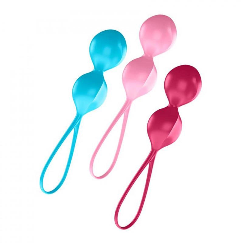 Set de tres pesas pélvicas Satisfyer V Balls en colores azul, rosa y magenta.