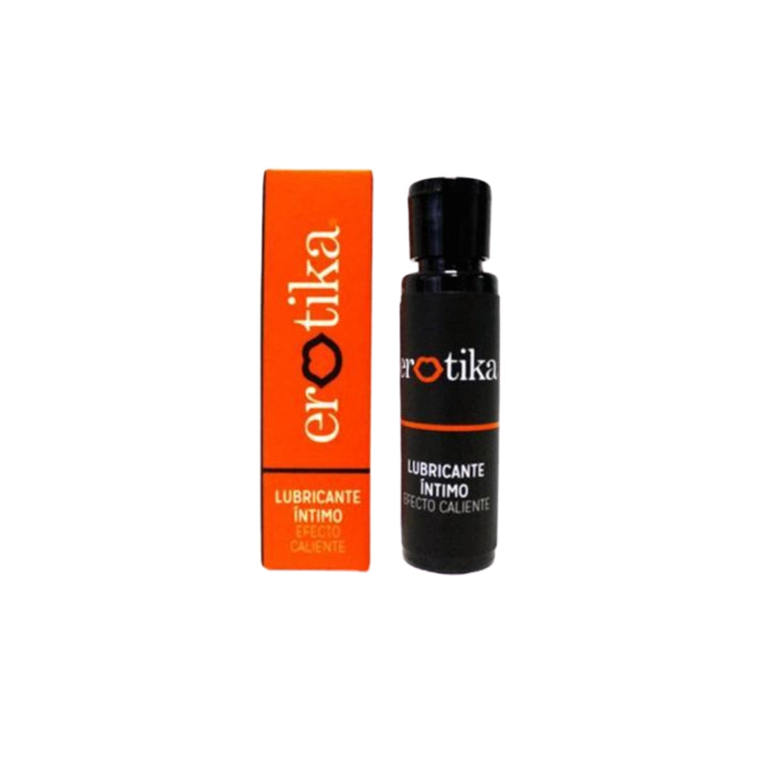 Frasco dosificador y caja oficial del lubricante íntimo efecto caliente de la marca Erotika.