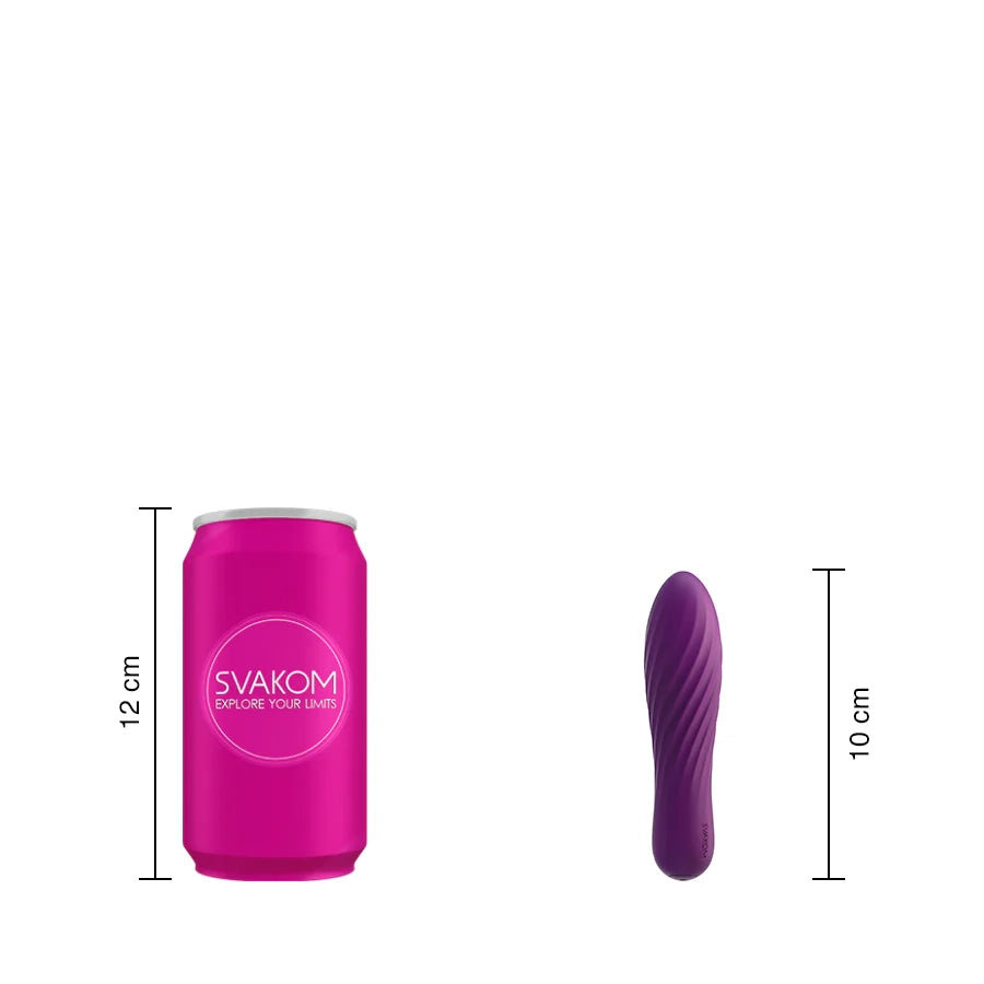 Visual técnica comparativa que muestra los 10 cm de longitud del masajeador Tulip.