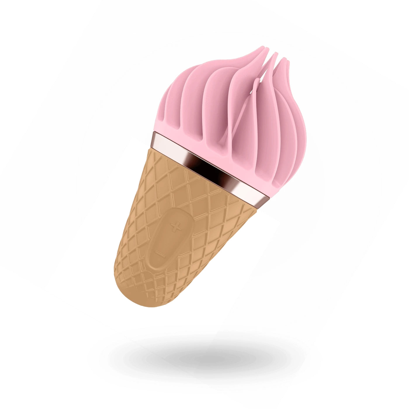 Vista lateral del estimulador externo Satisfyer en forma de cono de helado color rosa.