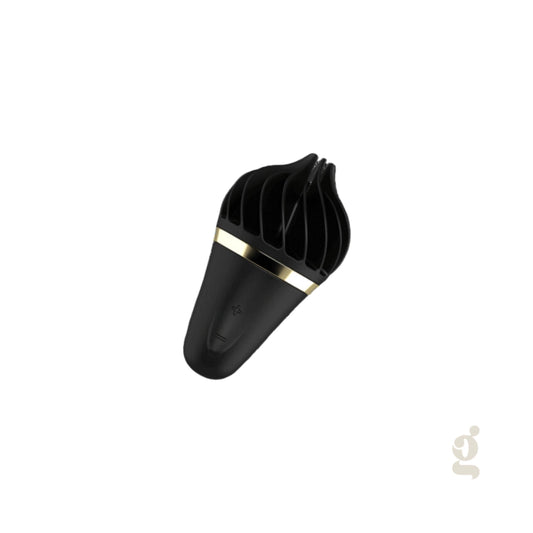 Perspectiva técnica del estimulador Satisfyer negro con láminas giratorias para catálogo Gimo.