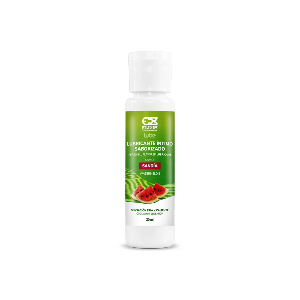 Frasco dosificador de 30ml del lubricante Elixir sabor sandía con efecto térmico dual.