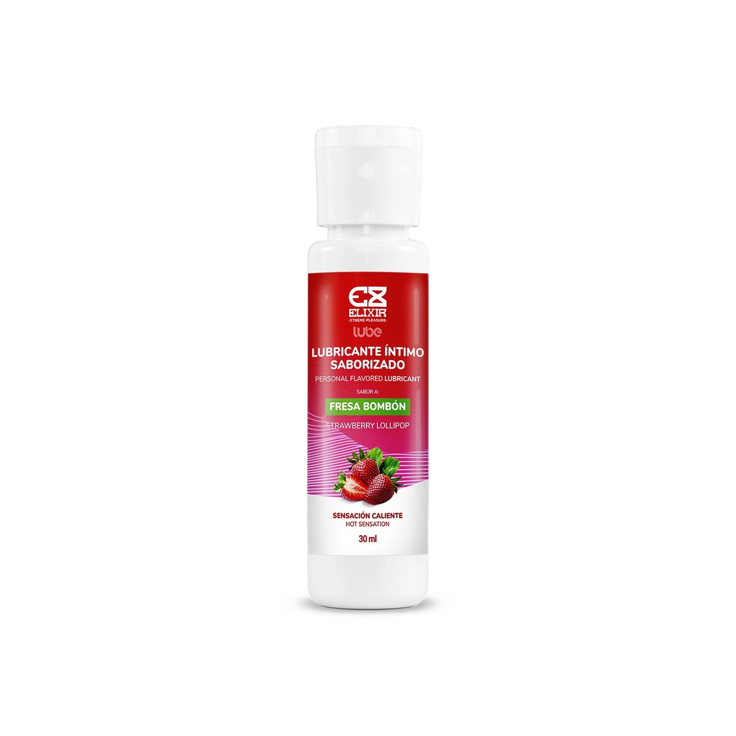 Frasco de 30ml del lubricante Elixir sabor fresa bombón con efecto caliente.
