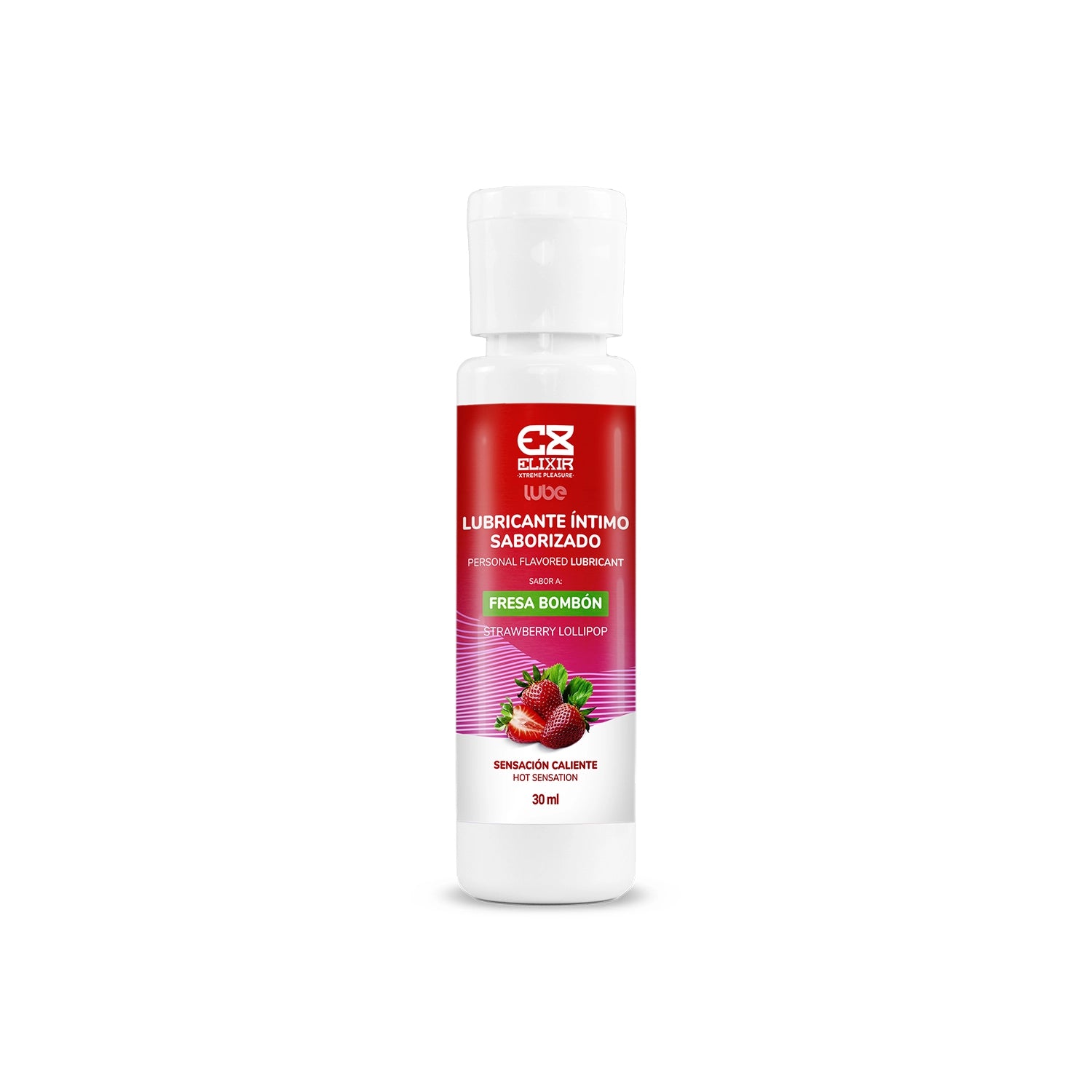 Frasco de 30ml del lubricante Elixir sabor fresa bombón con efecto caliente.