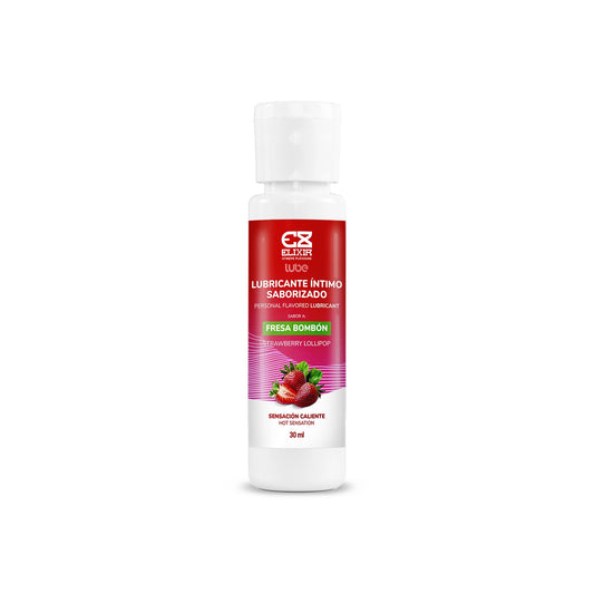 Frasco de 30ml del lubricante Elixir sabor fresa bombón con efecto caliente.