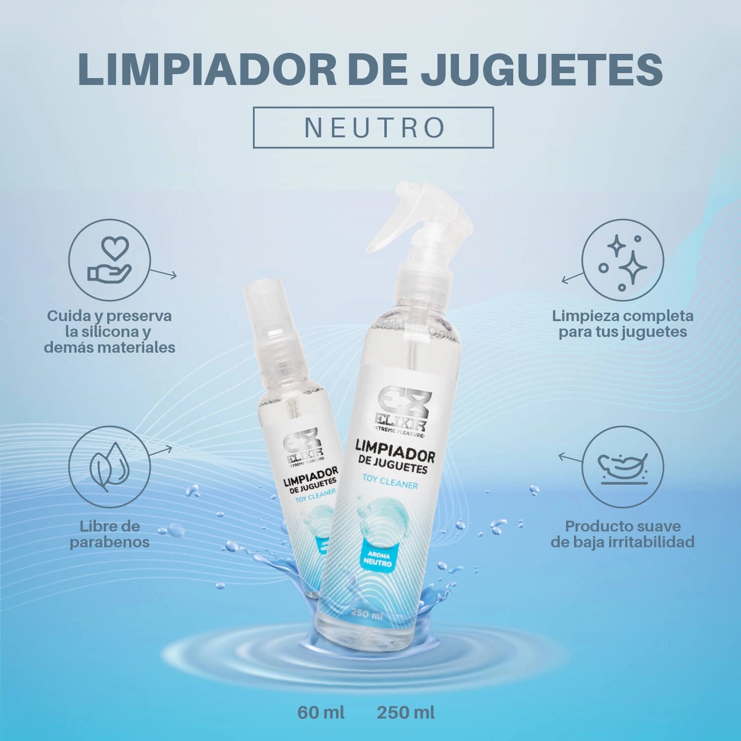 Infografía de beneficios del limpiador Elixir: pH balanceado, sin parabenos y seguro para silicona.