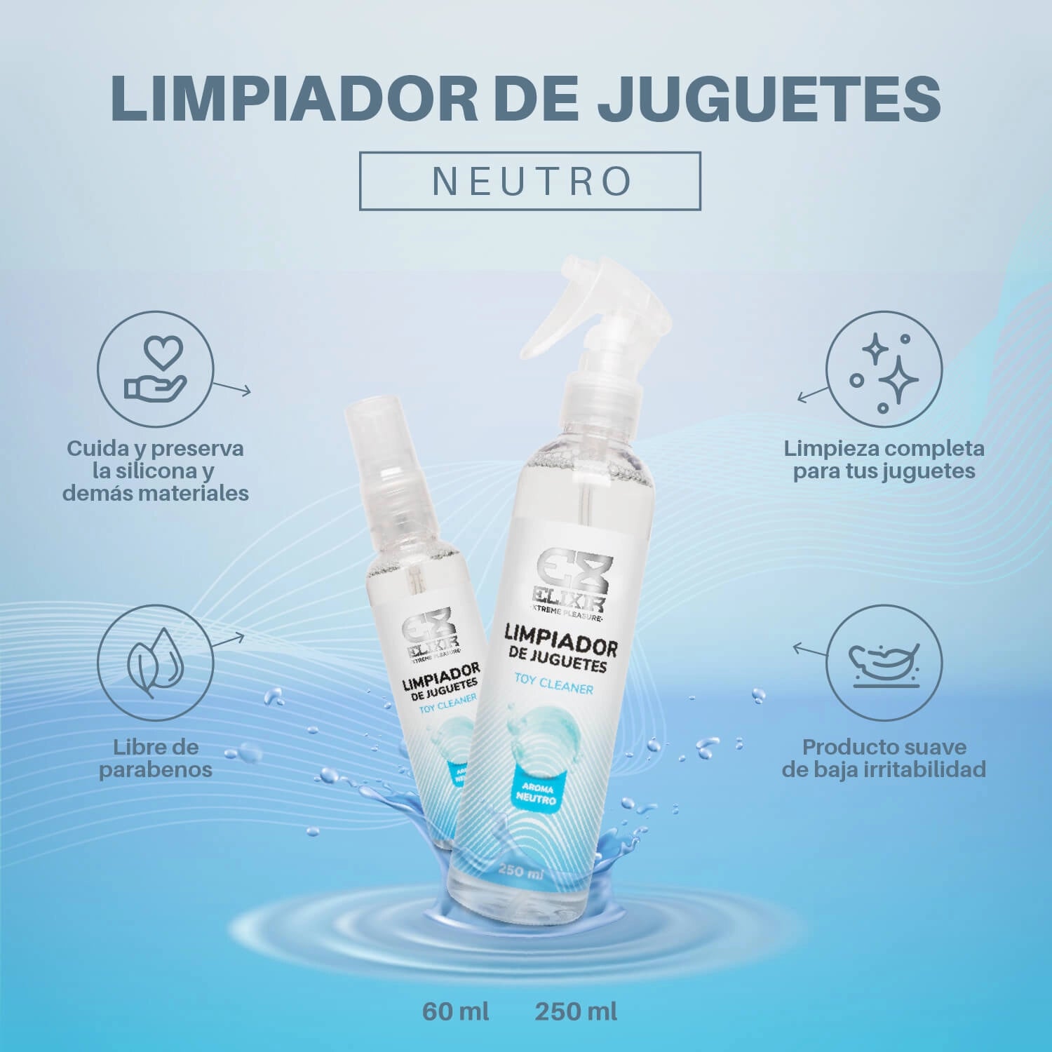 Infografía de beneficios del limpiador Elixir: pH balanceado, sin parabenos y seguro para silicona.