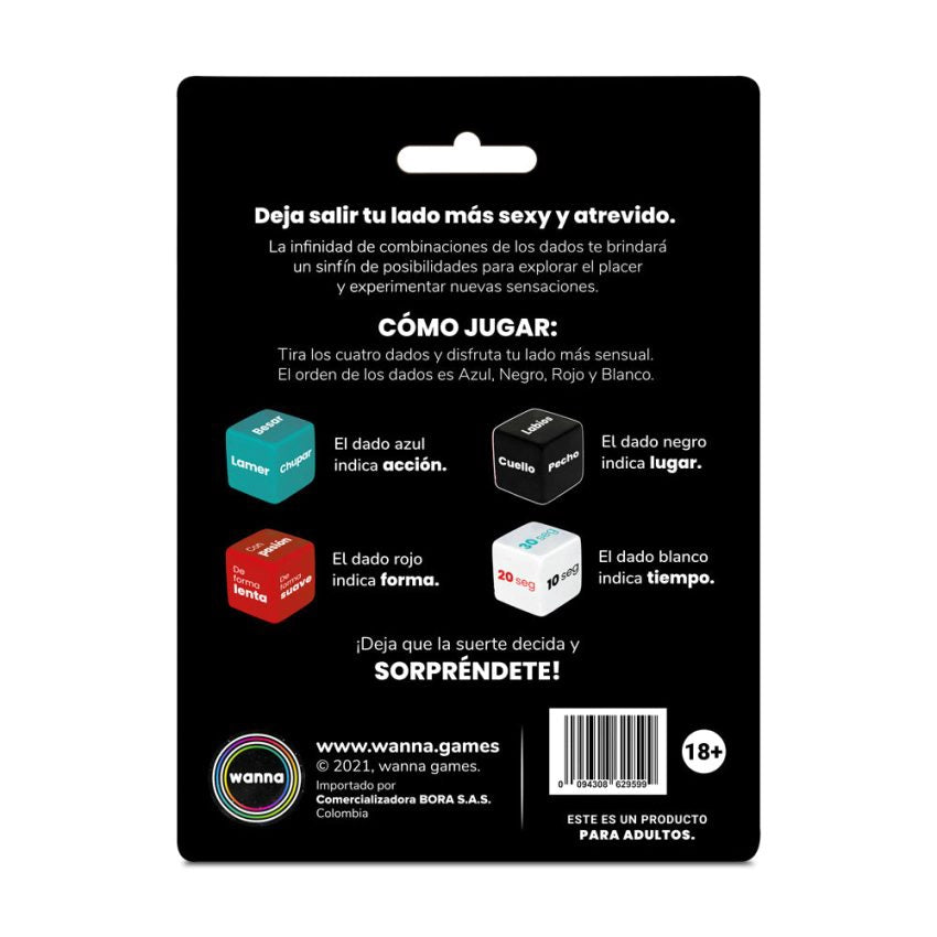 Reverso del empaque con las instrucciones de uso de los dados Wanna Games.