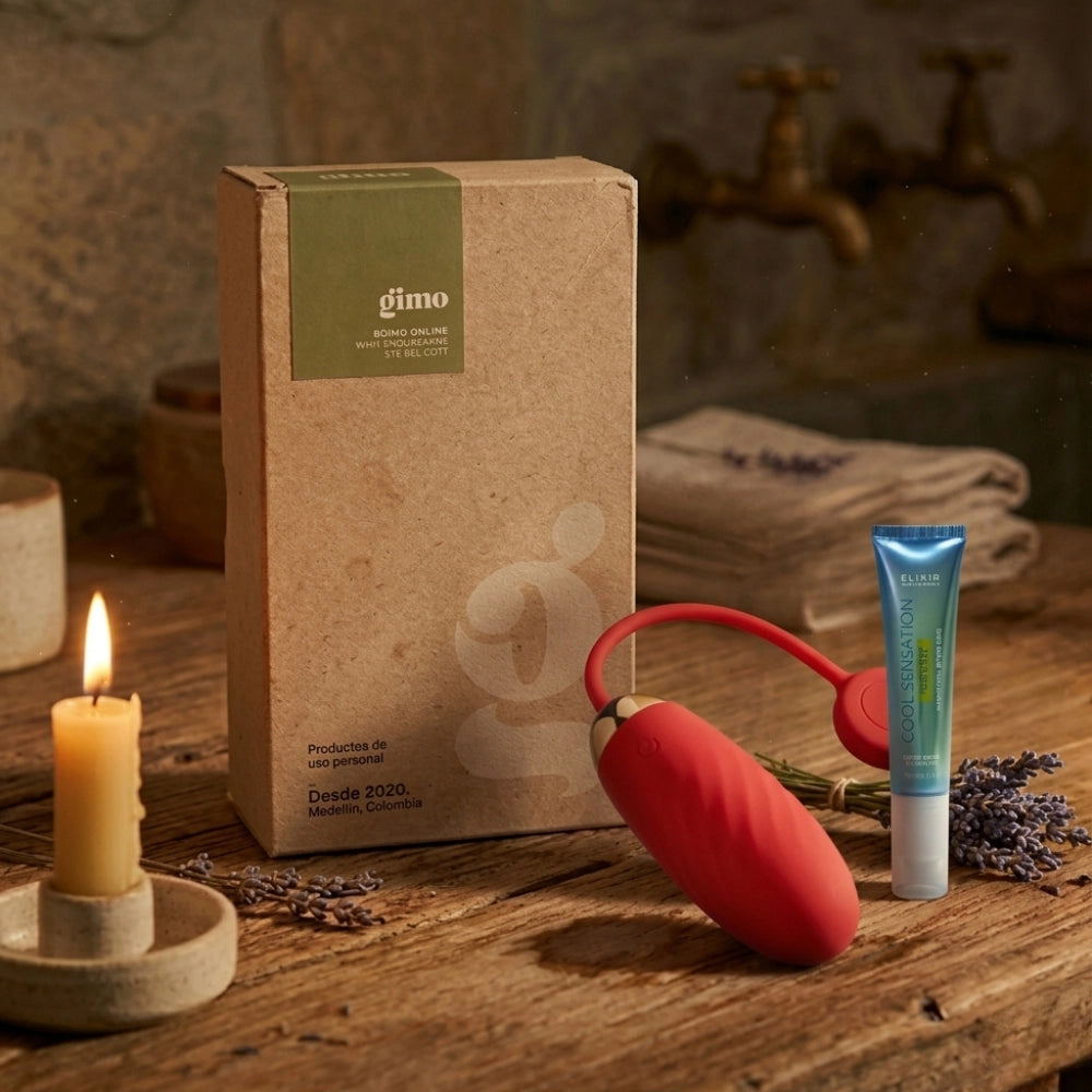 Presentación del kit Full Pleasure con el estimulador interactivo Ella, el lubricante Cool Sensation y empaque Gimo.