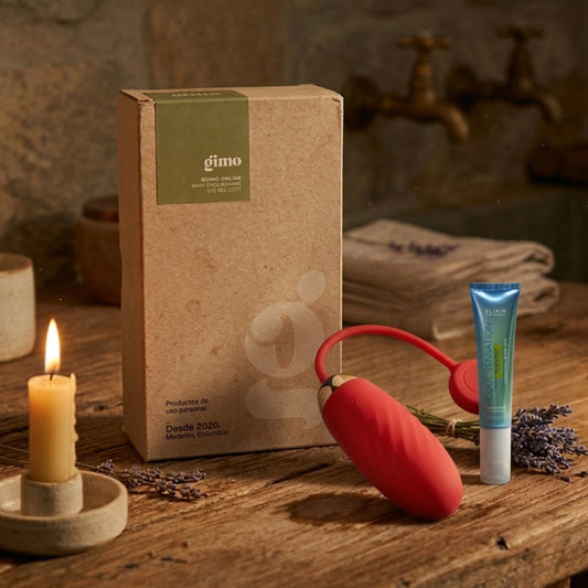 Presentación del kit Full Pleasure con el estimulador interactivo Ella, el lubricante Cool Sensation y empaque Gimo.