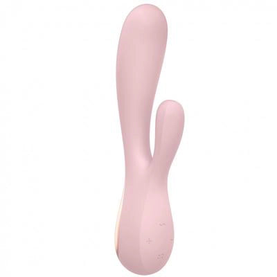 Masajeador Satisfyer Mono Flex en silicona rosa con diseño de doble contacto flexible.