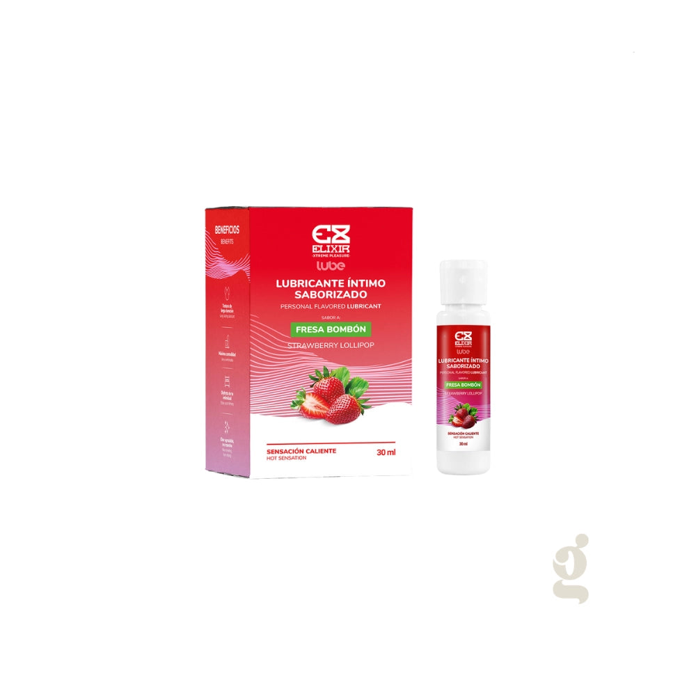 Caja y envase del lubricante Elixir sabor fresa bombón para catálogo Gimo.