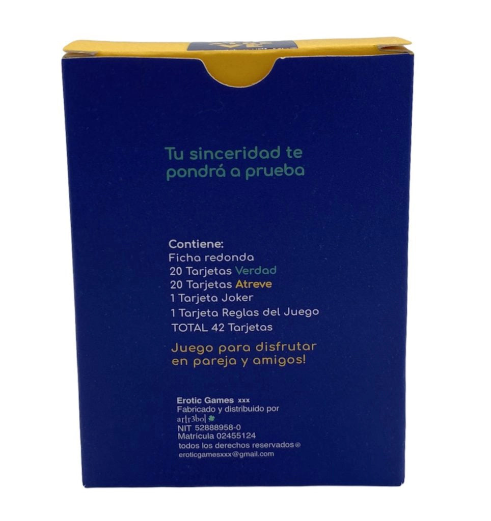 Reverso de la caja del juego Verdad o Se Atreve detallando el contenido de las 42 cartas.