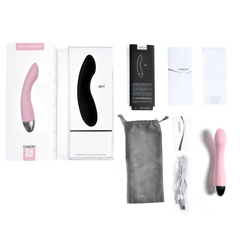 Desglose de componentes del kit de estimulación Amy Svakom en color rosado.