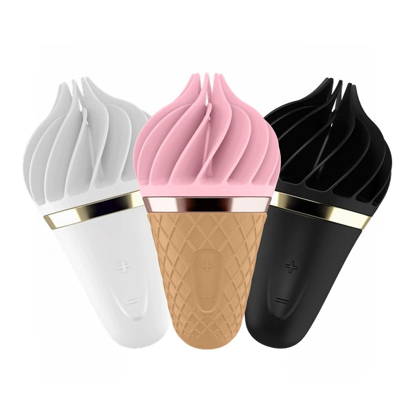 Tres variaciones de color del estimulador rotatorio Satisfyer Dulce Tentación en blanco, rosa y negro.